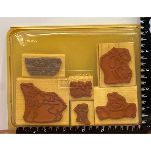 2000 STAMPIN' UP! POLAR BEARS WOOD MOUNTED RUBBER STAMP SET OF 6 HOLIDAY - Picture 2 of 5